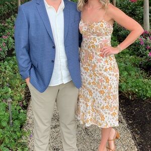 Petal & Pup White Floral Midi Dress with Mustard and Pink Flowers